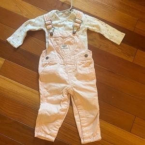 Light pink Oshkosh bib overalls with carters shirt 12m
